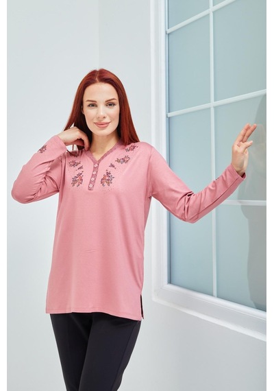 Fresh & Moda Fresh&moda Kadın Pembe V Yaka Düğmeli Çiçekli Likralı Anne Penye 001