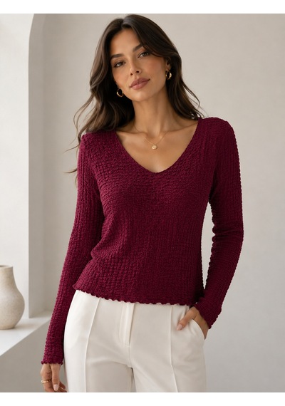 Sortie Collection V Yaka Bürümcük Detaylı Uzun Kollu Bluz Bordo