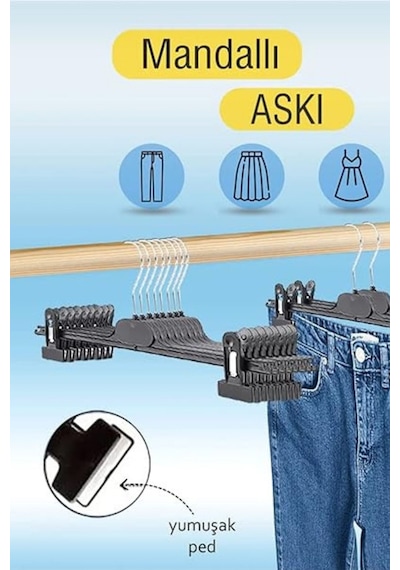 Pantolon Askısı Plastik Siyah Mandallı 38 Cm Etek Şort Giyim Askısı 3 Adet Diğer