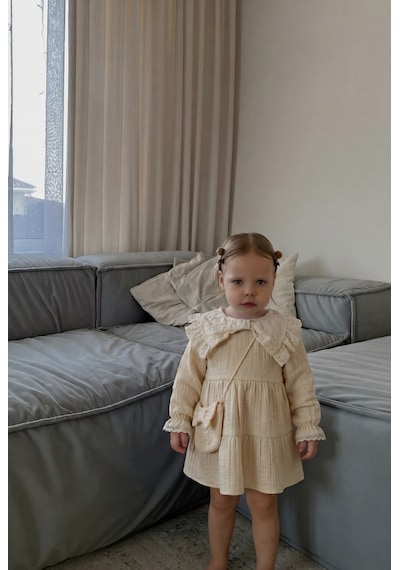 Magu Kız Bebek Pamuklu Bej Fisto Yaka Elbise Uzun Kollu, Katlı Model
