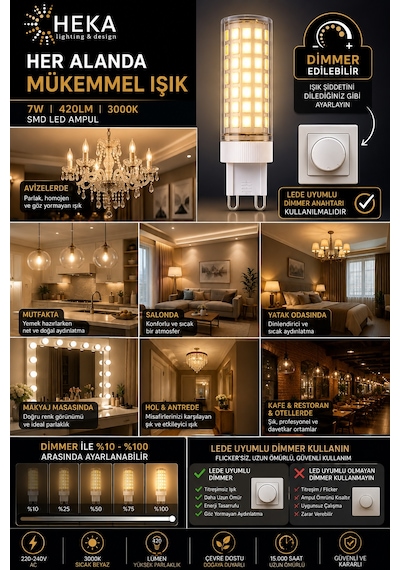 1 Adet Heka 7w Günışığı 3000k G9 Duylu Dim Edilebilir Led Kapsül Ampul