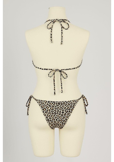 Moda Dua Kadın Siyah Ve Leopar Detaylı Yandan Bağlamalı Bikini Takımı
