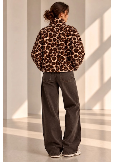 Bbbutikbasic Dik Yaka Yarım Fermuarlı Desenli Polar Sweatshirt My3535 Kahverengi Leopar Bbbutikbasic Dik Yaka Yarım Fermuarlı Desenli Polar Sweatshirt My3535 Kahverengi Leopar