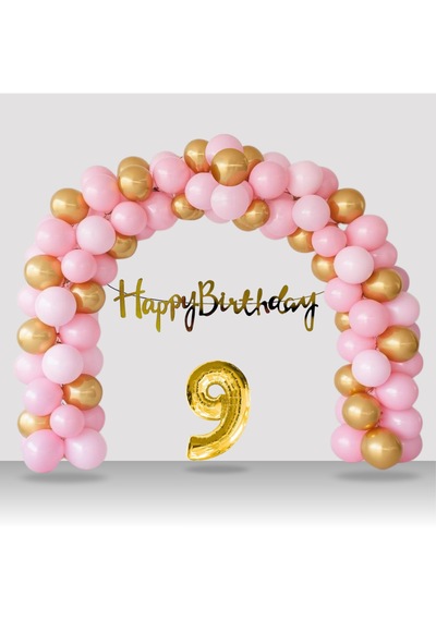 9 Yaş Retro Gold Pembe Balon Happy Birthday Banner Gold Rakam Doğum Günü Süsleme Çok Renkli