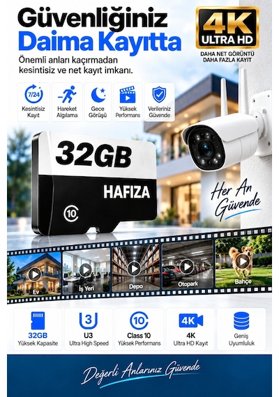 32 Gb Hafıza Kartı Faster Transfer Speed Class 10 4k Video Kayıt Güvenlik Kamera Uyumlu