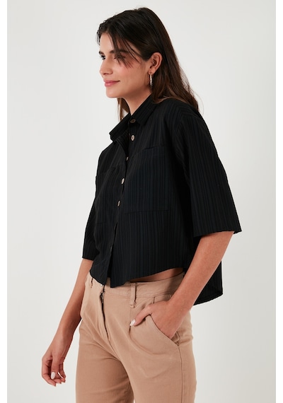 Lela Regular Fit Çift Cepli Kısa Kollu Bayan Gömlek 5865644 Siyah