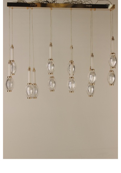 Altın Kaplama Ve Nervürlü Camlı Modern 6'lı Lineer Sarkıt Avize Gold