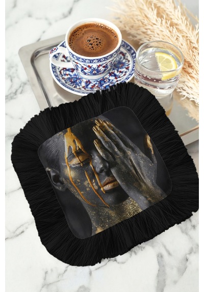 Lüks Modern Sanat Saçaklı Sunum Peçetesi - Sanatsal Portre Bohem Siyah Bardak Altlığı Mendil Soft Orman Mint