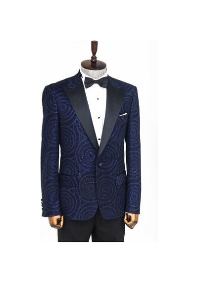 Wessi Hipnoz Desen Sivri Yaka Slim Fit Lacivert Erkek Smokin Ceket Lacivert