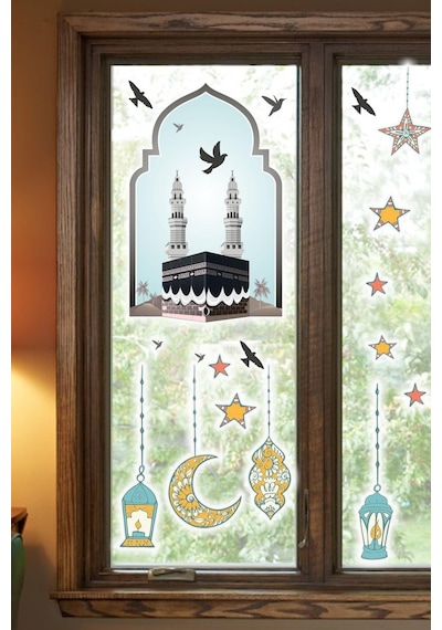 MSticker Hoşgeldin Ramazan Cam Duvar Sticker - Kabe Kuşlar Ve Fener Figürlü Duvar Cam Sticker