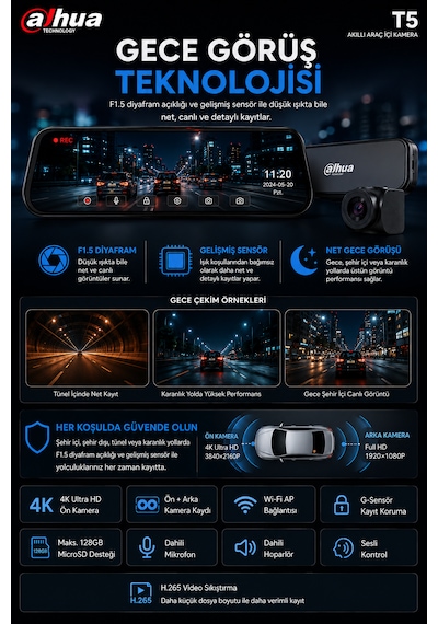 Dhı-t5 Dikiz Aynalı Araç İçi Kamera 4k Çözünürlük + Ön Ve Arka Kamera + Gps + Park Sensörü + Dokunmatik Ekran + App Kontrol