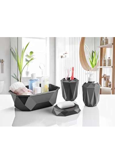 Geometrik Tasarımlı 4 Lü Banyo Seti Sabunluk Diş Fırçalık, Sıvı Sabunluk Sepet Koyu Gri