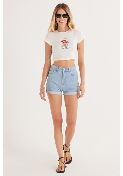 Tudors Kadın Slim Fit Dar Kesim %100 Pamuk Bisiklet Yaka Baskılı Beyaz Crop Tişört-36867 Beyaz