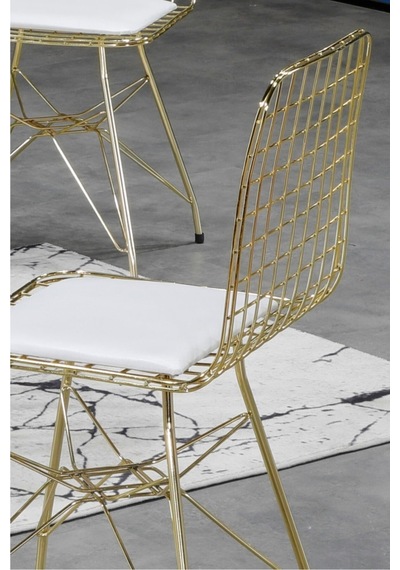Avvio 90x90 Ella 4 Kişilik Beyaz Mermer Görünümlü Metal Mutfak Masası Takımı-gold Tel Sandalyeli 90x90 Cm Beyaz