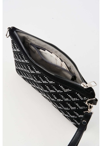 Vivaq Kadın Sıralı V Gümüş Taşlı Süet Bilek Askılı Ve Zincir Askılı Portföy Ve Clutch Çanta SİYAH