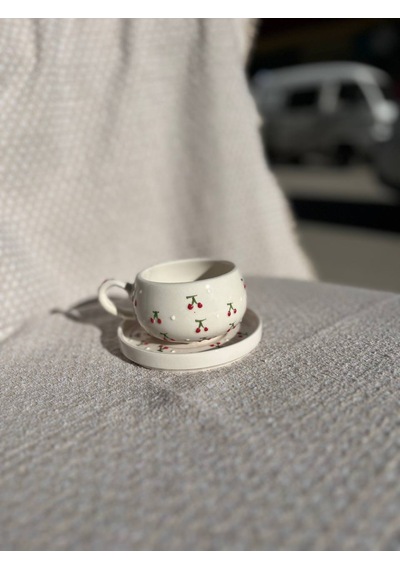 El Yapımı Seramik Kupa, Mug, Türk Kahvesi Bardağı Kiraz Desenli