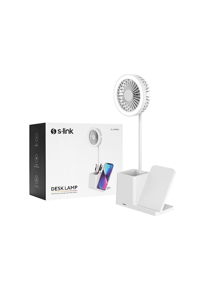 S-link Sl-m9055 10 Watt Kablosuz Şarj İstasyonlu Fanlı Kalemlikli Masa Lambası Beyaz Renkli