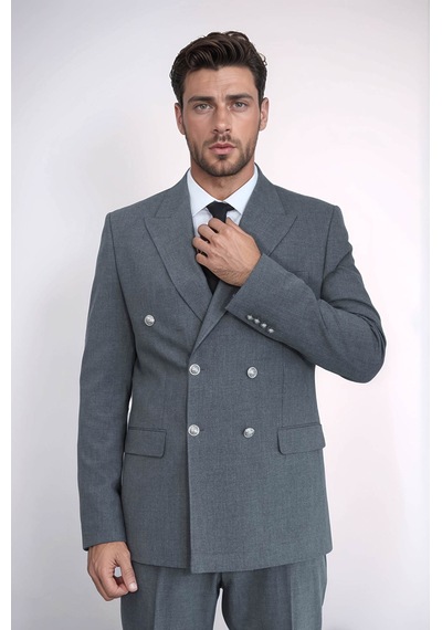 Gümüş Renk Metal Düğmeli Slim Fit Kruvaze Antrasit Erkek Takım Elbise Wessi Gri