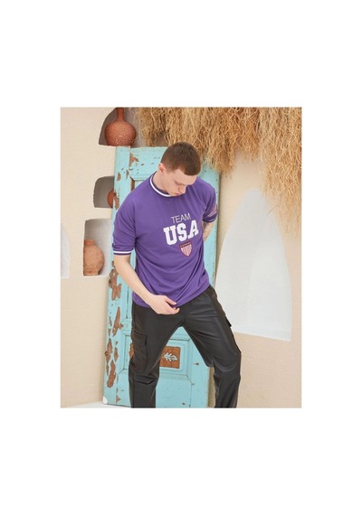 Erkek Bisiklet Yaka Tişört Nakış İşlemeli Kısa Kol Oversize T-shirt - Mor