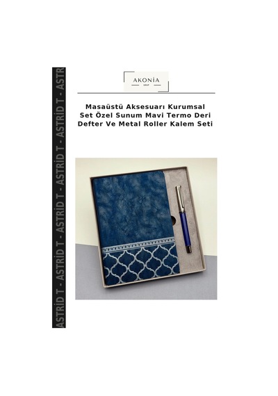 Masaüstü Aksesuarı Kurumsal Set Özel Sunum Mavi Termo Deri Defter Ve Metal Roller Kalem Seti Çok Renkli