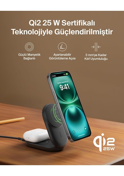 Belkin Wız039kqbk Ultracharge 2-in-1 Katlanabilir Qi2 25w Magsafe Uyumlu Kablosuz Şarj Standı - Siyah