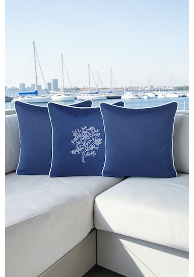Kırlent Kılıfı 45x45 3'lü Set Marin Nakışlı Yosun Desen Su İtici Outdoor Keten Tekne Bahçe Lacivert