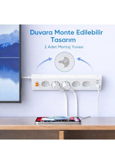 Akım Korumalı 5 Li Köşe Çoklu Priz 2 Usb-a 2 Usb-c Gece Lambalı Dokunmatik 2 Metre Kablo 3680w 1 - 3 M