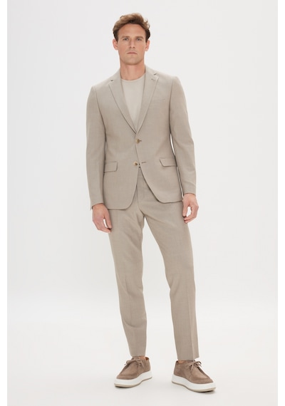 Erkek Bej Slim Fit Dar Kesim Mono Yaka Gofre Desenli Takım Elbise Bej