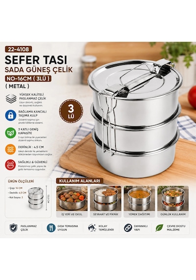 Çelik 3lü Metal Sefer Tası Taşıma Kulp Bağlama Kancalı 5047 çok renkli