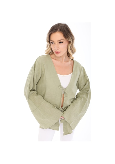 Blayn Jeans Blayn Kadın Keten Kimono Oversize Rahat Kalıp Yazlık Uzun Kollu Kimono Çağla Yeşili