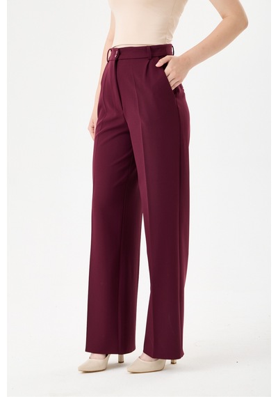 Velnara Moda Mürdüm Boru Paça Cepli Yüksek Bel Dokuma Kumaş Kadın Pantolon Bordo Mürdüm - 918013923 Bordo Mürdüm