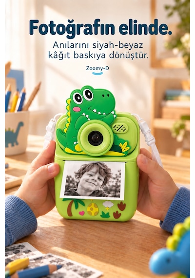 Kj/zm-002 Zoomy-d Dinozor Figürlü Anında Baskılı Çocuk Fotoğraf Makinesi, Çift Kamera, 2,4 İnç Ekran, 1080p Video, 3+ Yaş Yeşil