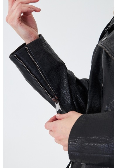 M M Marki Marki Kadın Hakiki Jumbo Deri Ceket Biker Tarz, Kemerli, Oversize, Apoletli, 65 Cm, Siyah - 507322