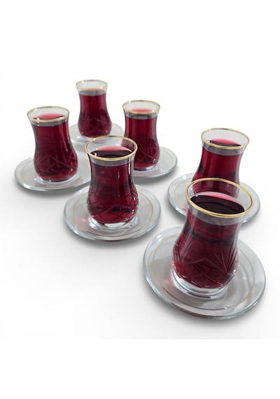 Sudedi Home Elde Kesme İşlemeli Cam Çay Bardağı Seti Gerçek Altın Yaldızlı, 6 Lı Özel Seri Altın - Beyaz