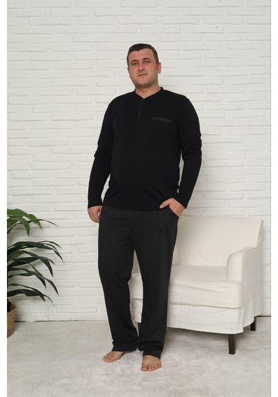 Pijamoni Erkek Battal Düğme Yaka Penye Uzun Kol Pijama Takımı 6720/17 - 1 Adet Siyah