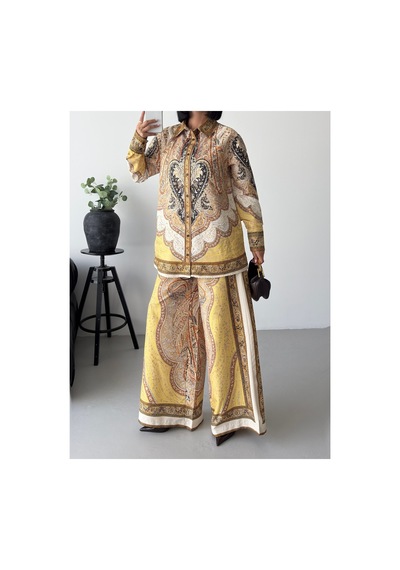 Wellway İthal Chokellaa Kumaş Çiçekli Tunik Gömlek & Pantolon 2li Takım-sarı -26107 Sarı
