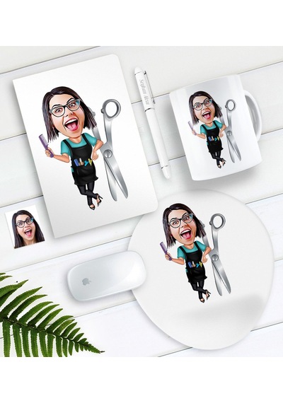 Kişiye Özel Bayan Kuaför Karikatürlü Defter Kalem Kupa Mouse Pad
