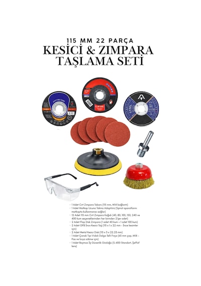22 Parça Spiral Avuç İçi Taşlama Seti - 115mm Cırt Zımpara Tablası, Inox Kesici Ve Flap Disk Seti - Zımpara Ve Kesici Hobi Seti