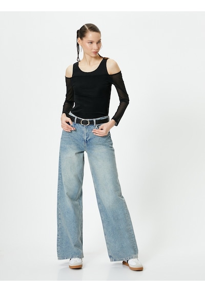 Koton Çift Kumaş Kullanımlı Tül Tişört Uzun Kollu Slim Fit Siyah 4sal10568ık Siyah
