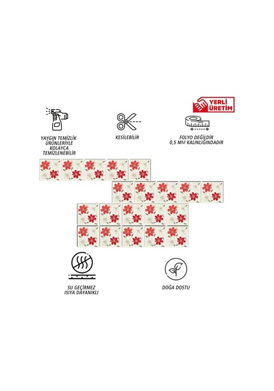 Tink Kendinden Yapışkanlı Kırmızı Çiçek Desenli Pvc Karo 10x10 Cm 20'li Paket Diğer