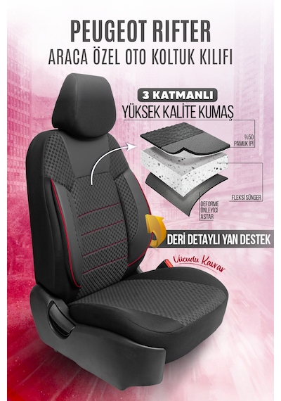 Peugeot Rifter Uyumlu Pamuklu Kumaş Araca Özel Oto Koltuk Kılıfı Tam Set Siyah-Kırmızı