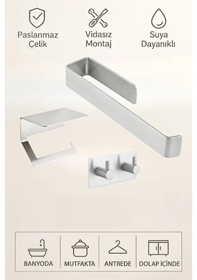 3'lü Set Paslanmaz Çelik Yapışkanlı Havlu Askılığı, Tuvalet Kağıtlığı Ve 2'li Askılık Yapışkanlı 2 Metal