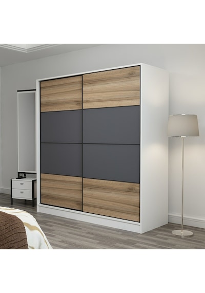 Minarmobilya Minar Kale 2 Kapaklı Sürgülü Dolap 180 Cm - Beyaz/Antrasit/Dore
