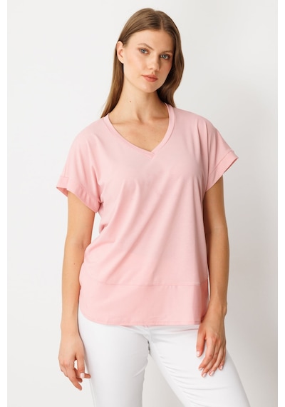 On Kadın Büyük Beden V Yaka Parçalı T-shirt 71476 Pudra