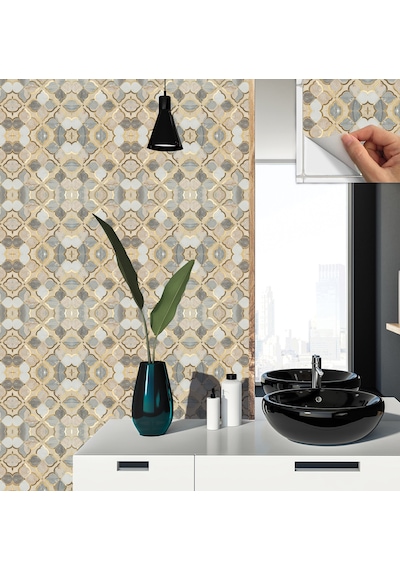 Tink Kendinden Yapışkanlı Renkli Gold Çiçek Desenli Pvc Karo 30x30 Cm
