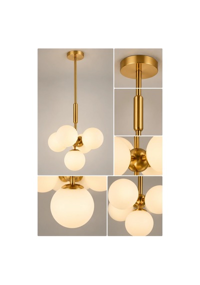 Modern Premium Gold 5'li Opal Küre Sarkıt Avize Gold Gövde Dekoratif Salon Avizesi 5xe14 Beyaz
