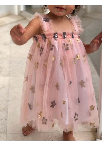 Yıldız Payetli Somonumsu Pembe Askılı Kız Çocuk Doğumgünü Elbisesi Açık Pembe