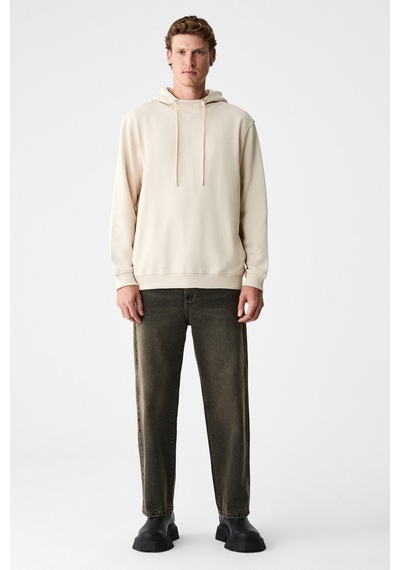 Grimelange Alessıo Erkek %100 Pamuk Kapüşonlu Kordon Detaylı Oversize Fit Bej Sweatshirt Bej