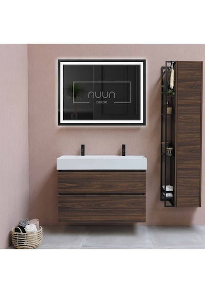 Nuun Dekor 90x70cm Beyaz Ledli Kumlamalı Banyo Aynası Trafolu Beyaz