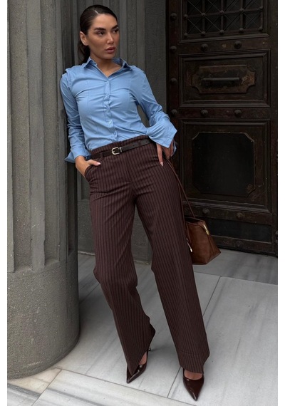 Madmext Kahverengi Çizgili Geniş Paça Normal Bel Kemerli Pantolon Mg2735 Kahverengi